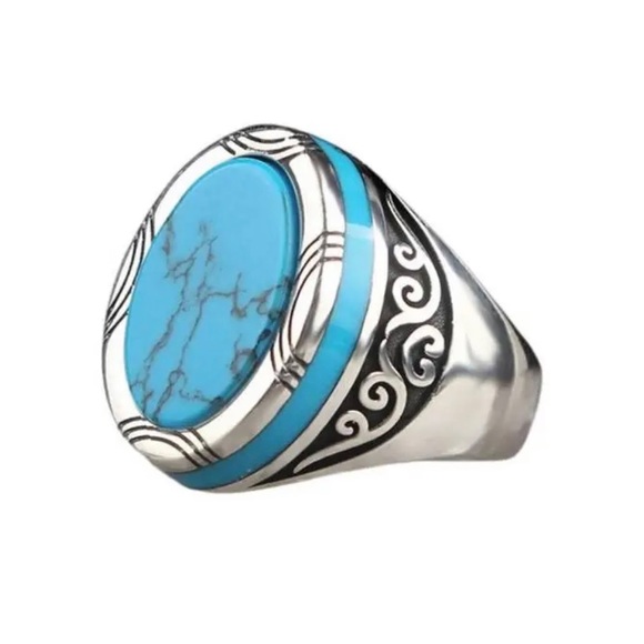 Blue Turquoise Color Stone Stainless Steel Ring - Picture 7 of 7